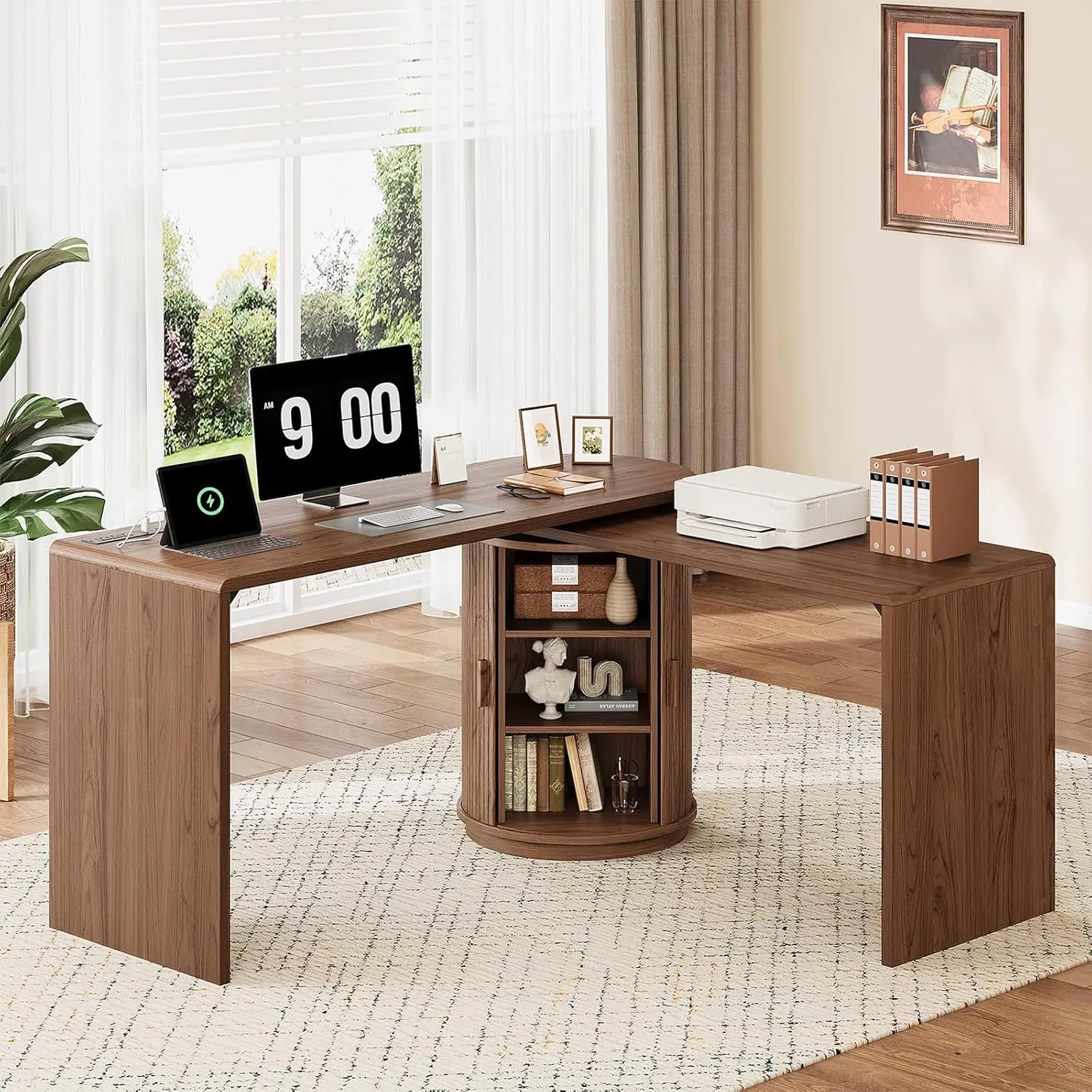 

60 Inch L Shaped Desks with Power Outlets,360° Rotating Fluted Computer Desk with Storge, Swivel Corner Table for Home Office