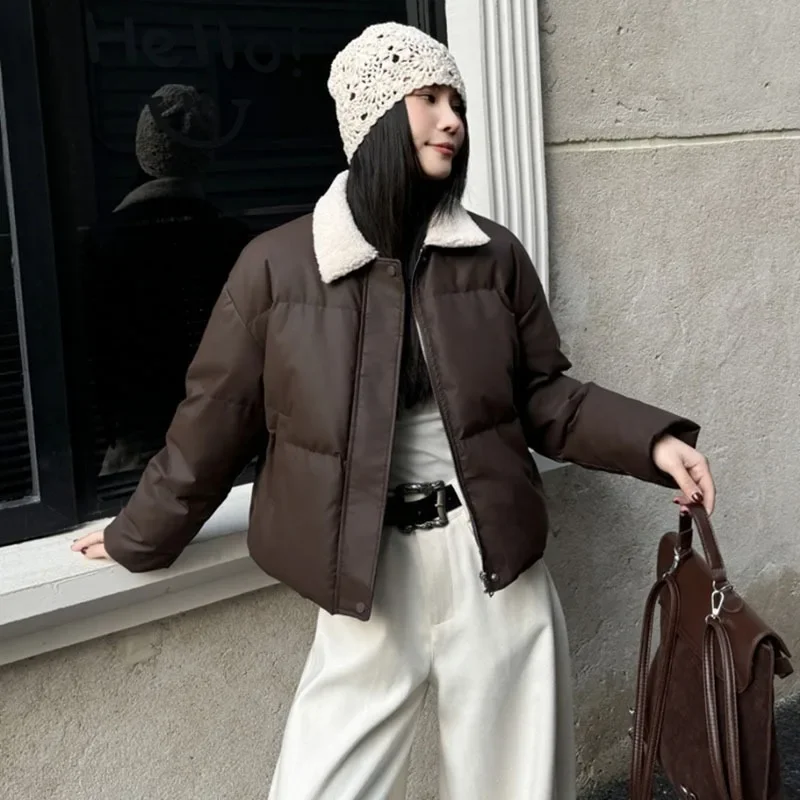 

Winter Lamb Wool Splicing PU Down Jacket Women Fashion Lapel Parkers Outwears Female Thickening Warm Pockets Zipper Quilted Coat