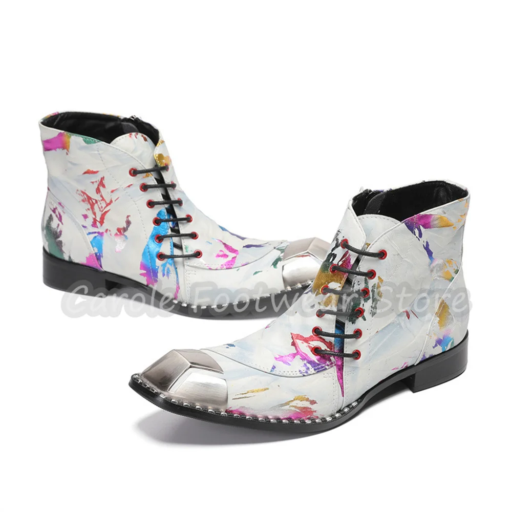 Ink Splash Printed Male Lace-Up Leather Short Boots Punk Rivet Metal Square Toe Chelsea Boots Fashion Designer Dress Men Boots