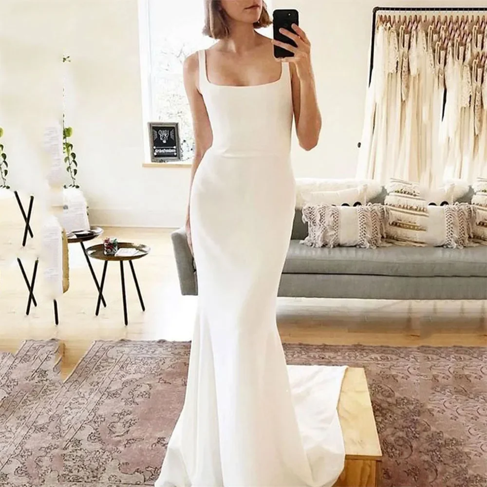 

Spaghetti Strap Mermaid Wedding Dresses 2023 Women Square Neck Backless Simple Bridal Gowns Soft Stain Robe De Soirée Mariage