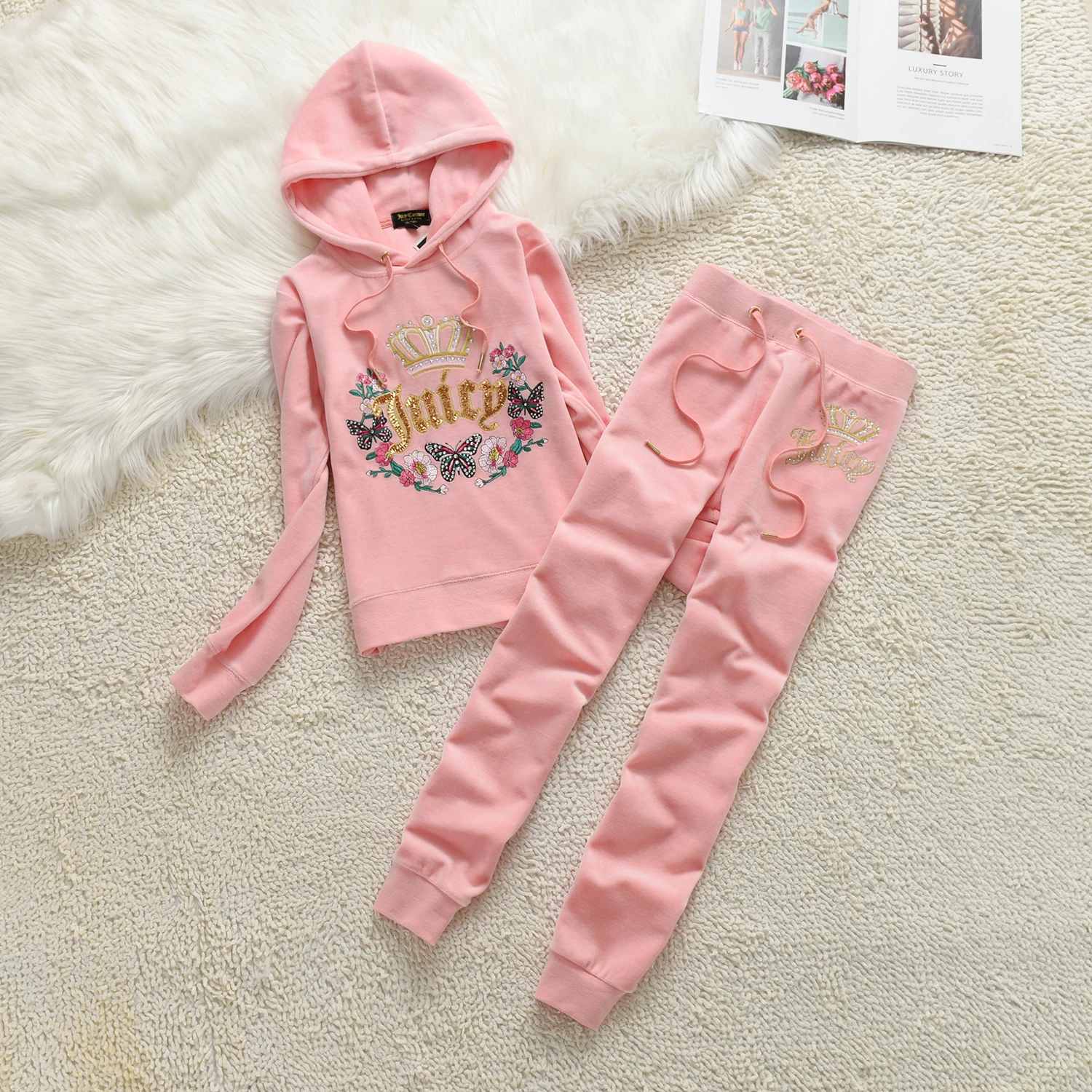 2025 Butterfly Embroidery Design Velvet Sportswear Women's Sports Hooded Sweatshirt Set Butterfly Pattern + Straight Pants 2Pc