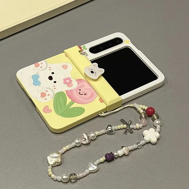 Cartoon Rotatable 3d Bear Phone case for Samsung Galaxy z flip7 zflip 6 5 Xiaomi Mix Flip/Oppo n2 n3 flip Cover Flower Pattern