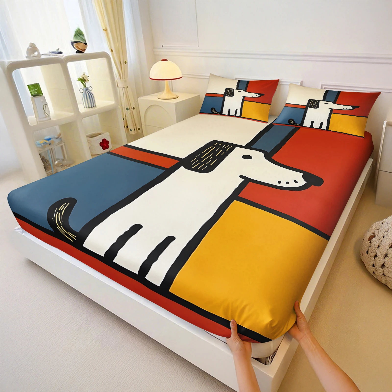 Abstract Geometric Color Block Dachshund Dog Printed Fitted Sheet Set 3 Pieces Elastic Deep Pocket Mattress Cover Bed Sheet