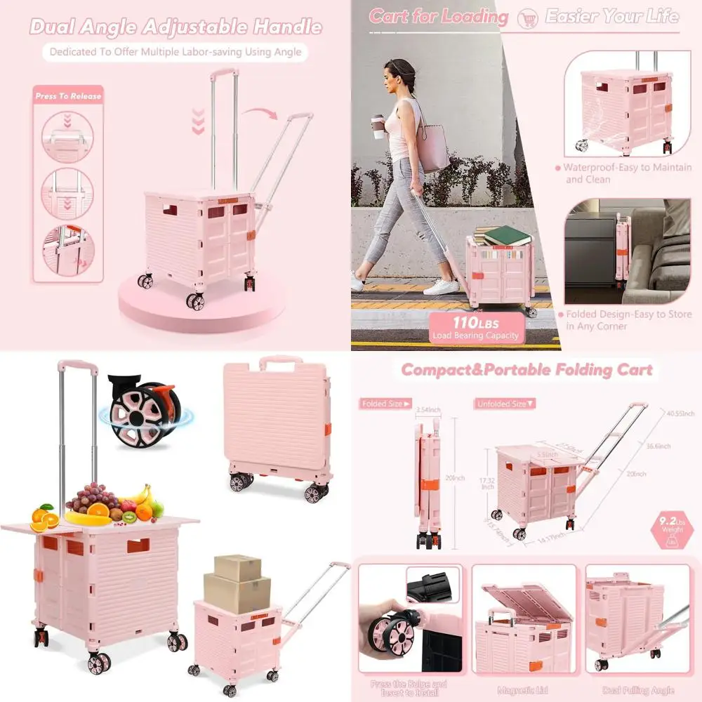 

Rolling Utility Cart with Adjustable Handle, Magnetic Lid, and 4 Swivel Wheels for Storage, Shopping, and Travel (Pink)