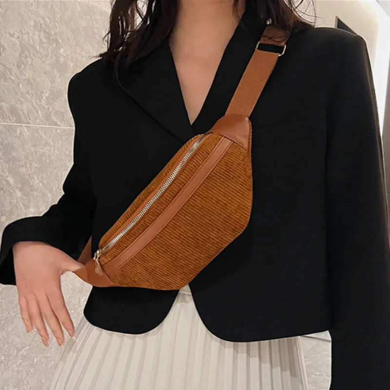 Fashion High-capacity Corduroy Women Waist Bag Student Ladies Shoulder Crossbody Zipper Chest Bag Phone Banana Female Bags