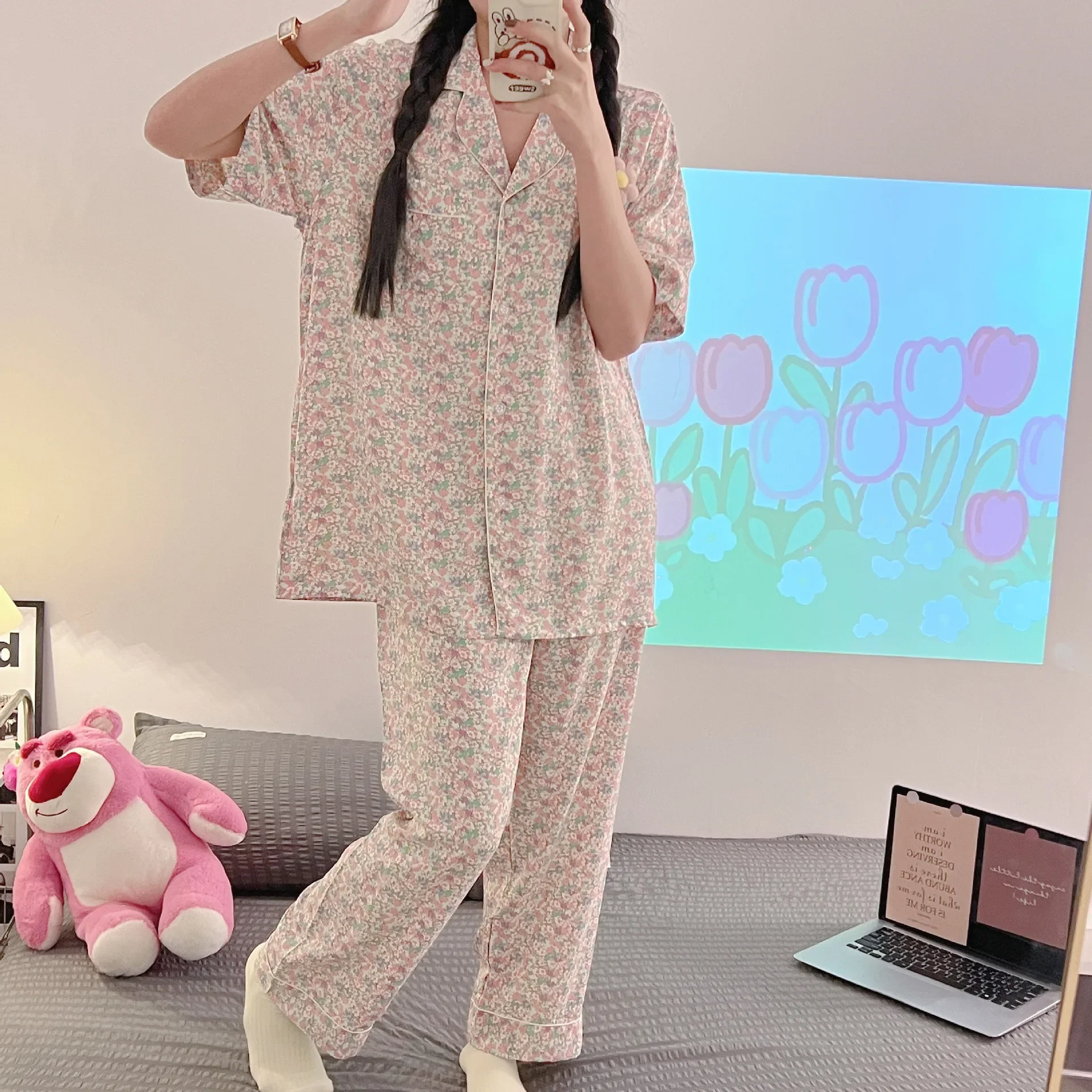 Short Sleeve Pants Floral Print Woman Satin Pajama Sets Ensembles 2 Piece Two-Piece Outfit Lounge Women Pijama Sleepwear Pj