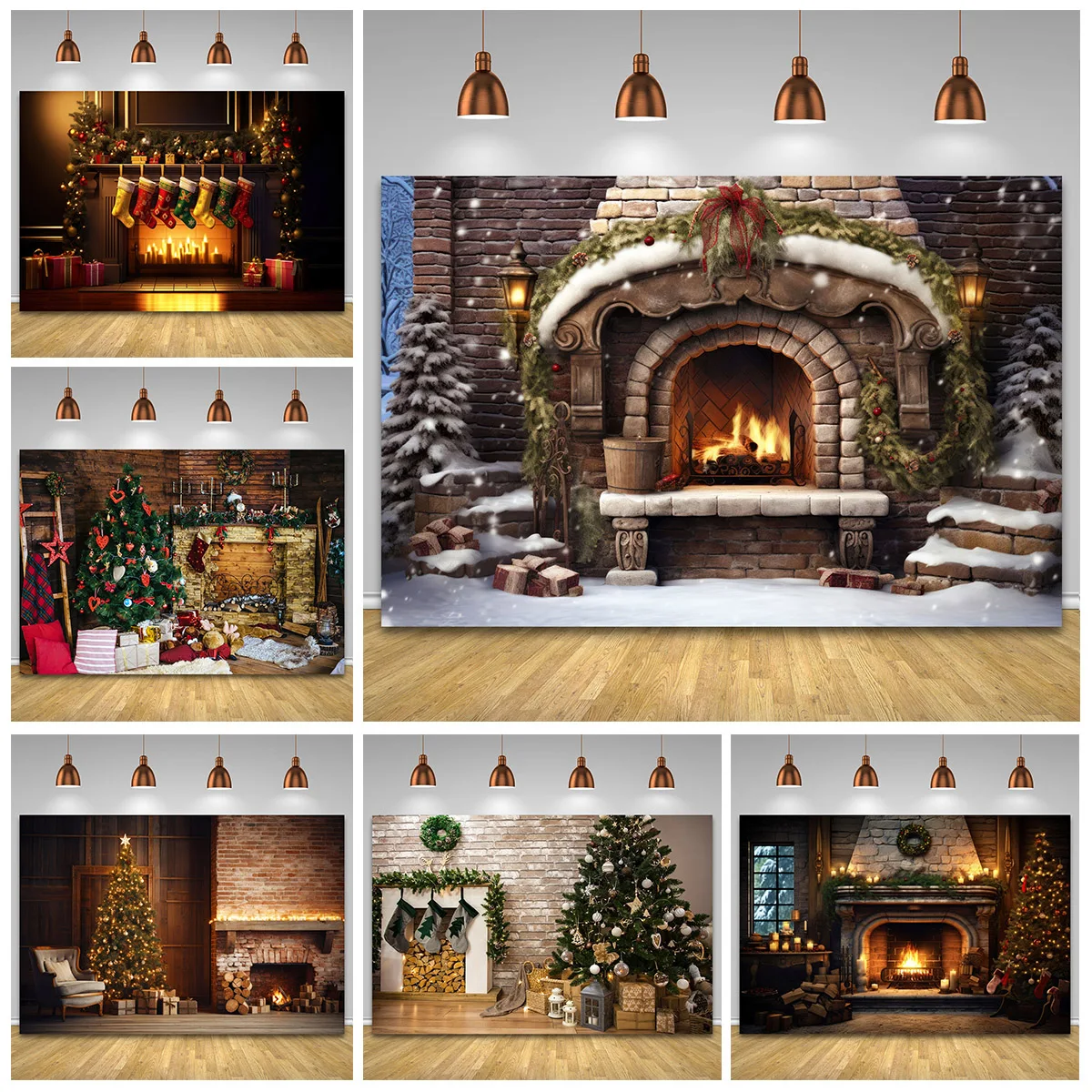 Christmas Photography Backdrop Traditional Stone Fireplace Xmas Trees Kids Family Baby New Year Party Decor Photo Background