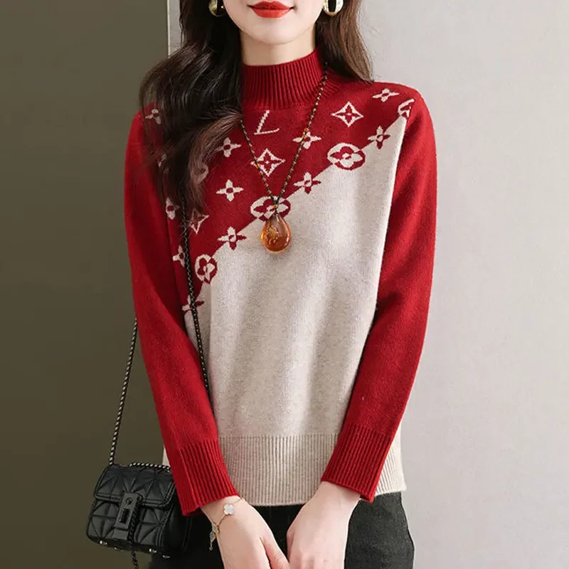 Half Turtleneck Sweater for Women Autumn Winter 2024 New Mother\'s Wear with Jacquard Casual Loose Pullover Top Bottoming