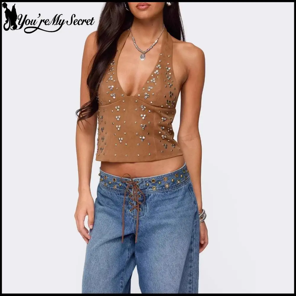 [You're My Secret] Fashion Halter Women's Vest Punk Style Rivet Crop Top Sexy Black Camisole Night Out Streetwear Summer Outfits