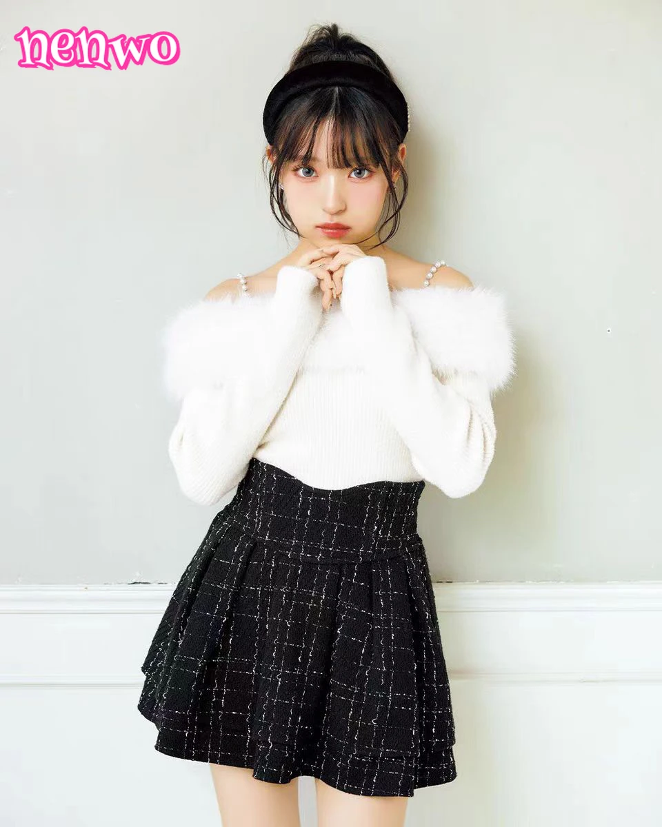 Elegancka spódnica tweedowa w stylu socjality, słodka spódnica w kratę z wysokim stanem, damska spódniczka mini w stylu japońskim, uniwersalna, modna i seksowna.