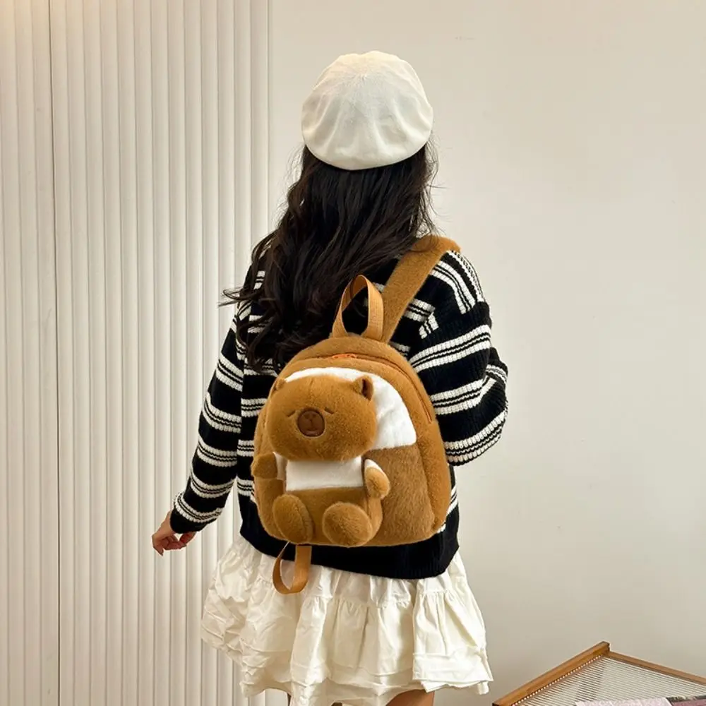 Portable Kawaii Capybara Plush Backpack Korean Style Casual Students Book Bag Brown Large Capacity Cartoon School Bag Girls