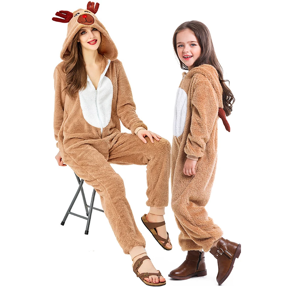 

Christmas Cute Reindeer Animal Cosplay Costume for Parent-child Homewear Adult Kid Loose Pajamas Family Matching Hooded Jumpsuit