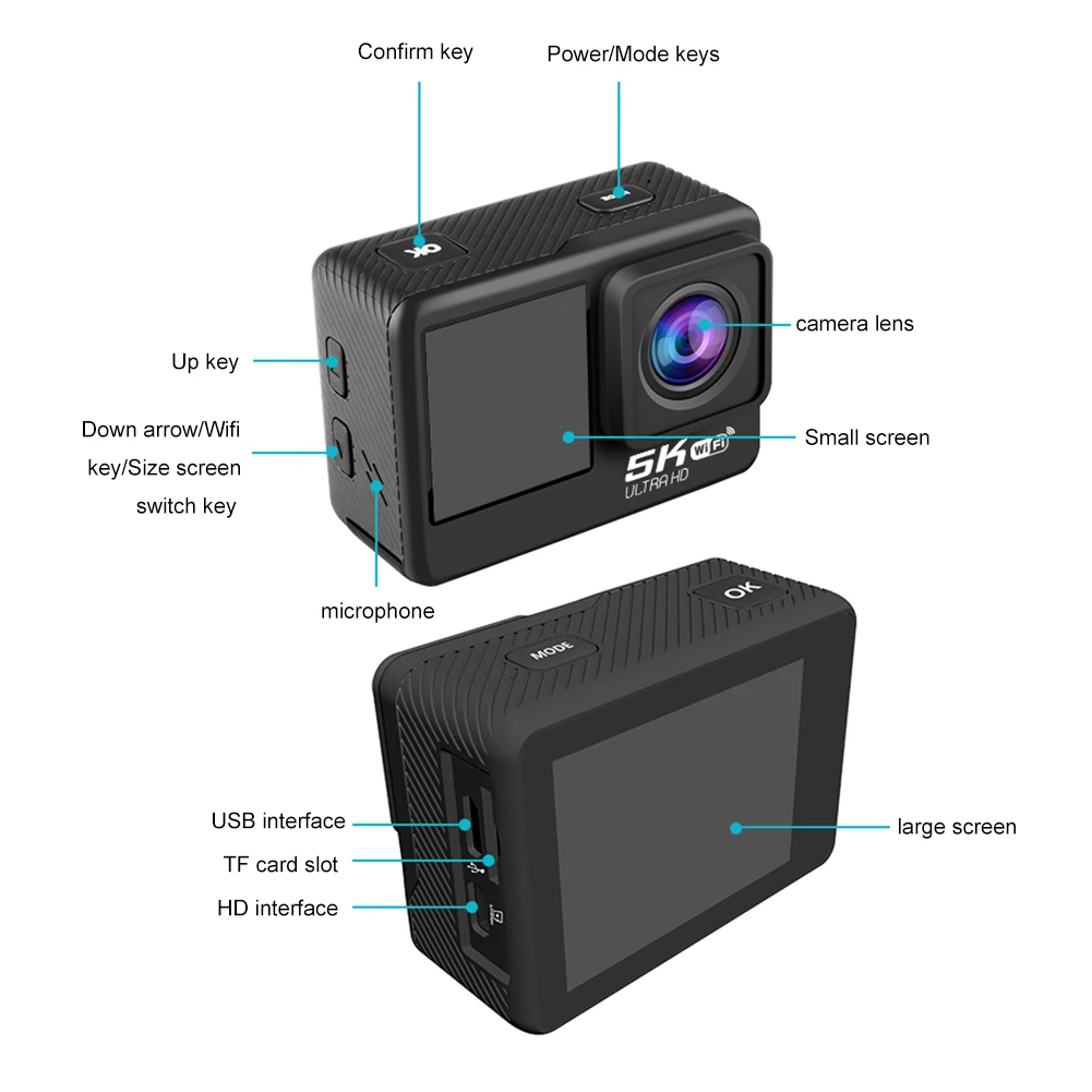 Anti-Shake Sport Camera 4K 60FPS Dual Screen Camera 30m Waterproof Photographic Camera 2.0Inch Touch Screen with Remote Control