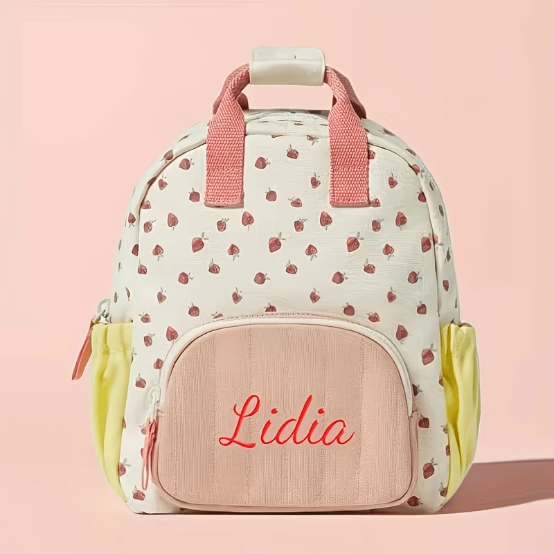 Personalized Embroidered Name Strawberry Backpack, Customized Cute Canvas Book Bag, Preschool Back to School Gift for Girls