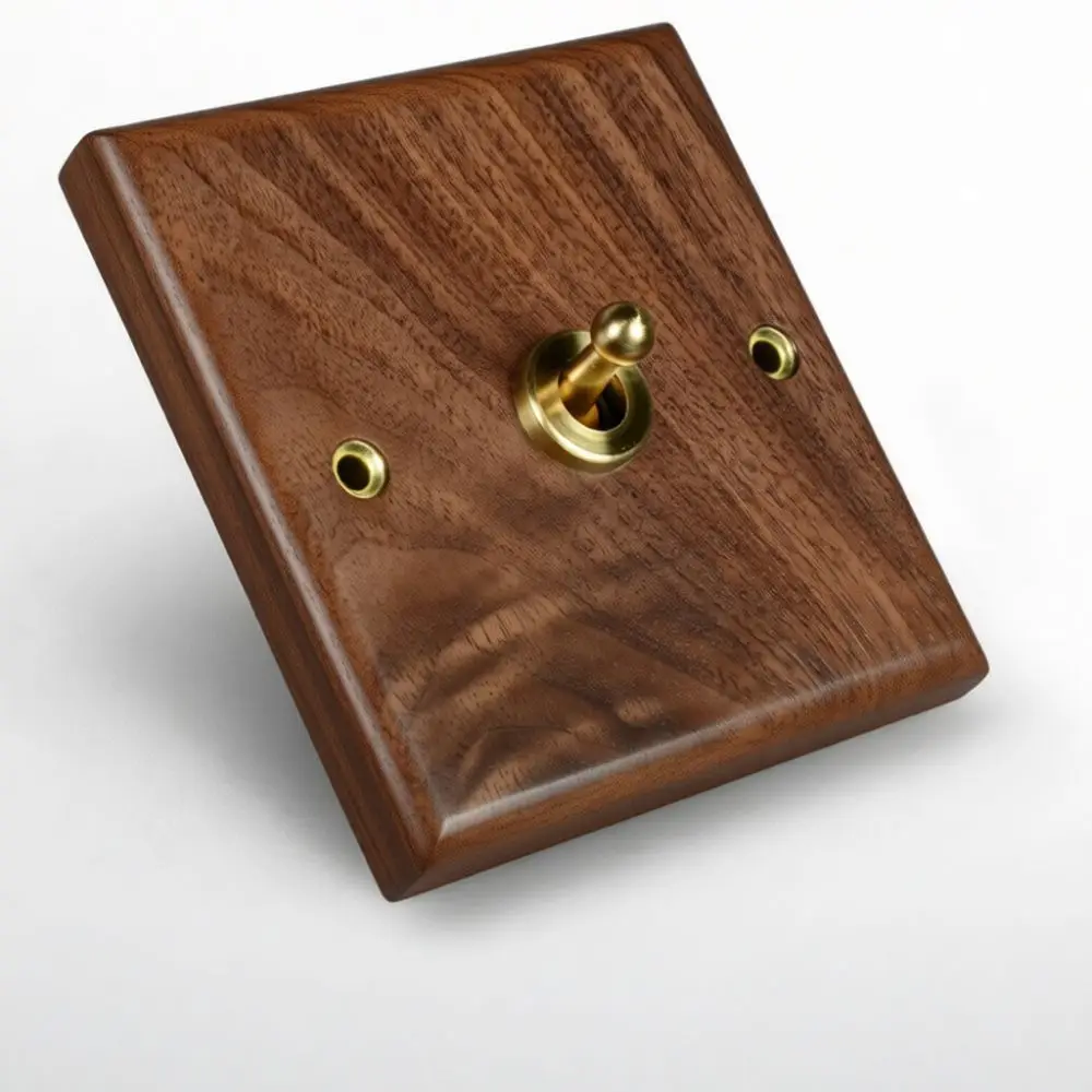 Black Walnut Wood Toggle Light Switch Vintage Brass Lever Wall Panel Rustic Mid-century Interior Hardware Electrical Accessory