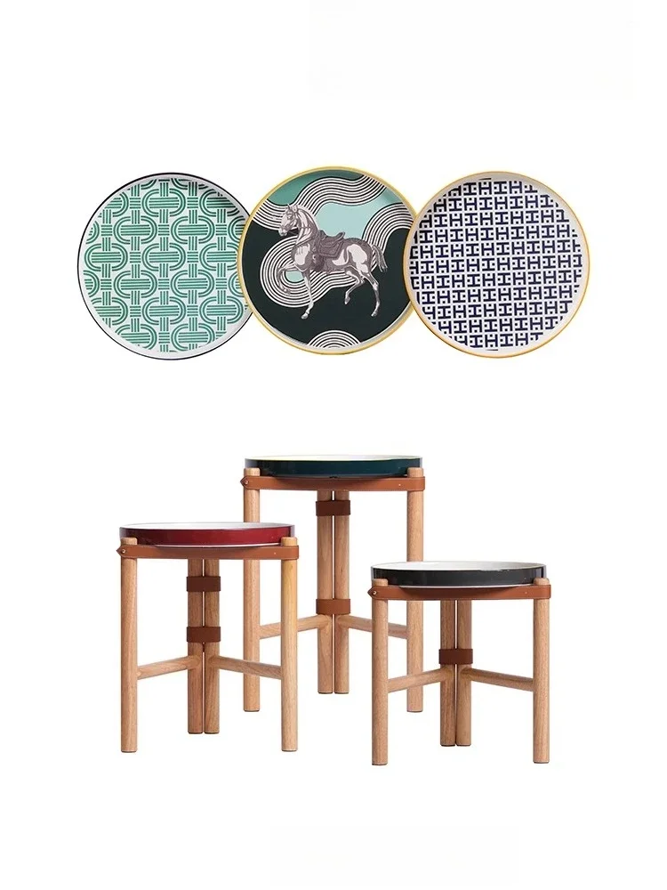 Color porcelain solid wood calfskin tray removable side table coffee table
