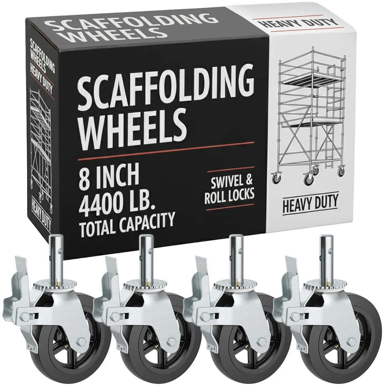 

Heavy Duty Scaffold Wheels Set of 4 with Double Locking Brakes, 8 Inch Rubber, Swivel Stem, Grease Fittings, 4400 LB Capacity