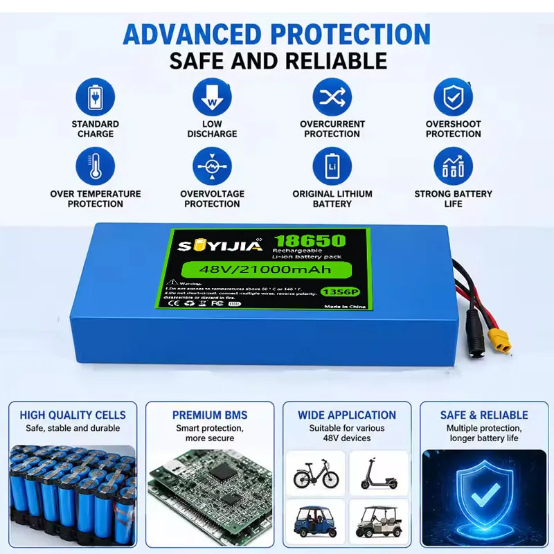 48V 21Ah Electric Scooter Battery, 13S6P Lithium Battery Pack, 100% Brand New, 54.6V Foldable Car Battery, with BMS+charger