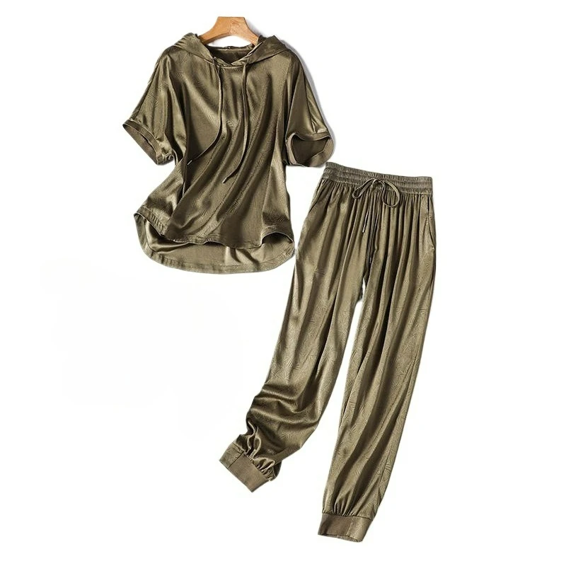 

Korean Fashion Elegant Silk Satin 2 Piece Sets Womens Outfits Summer New Floral Print Tops and Elastic Waist Pants Set