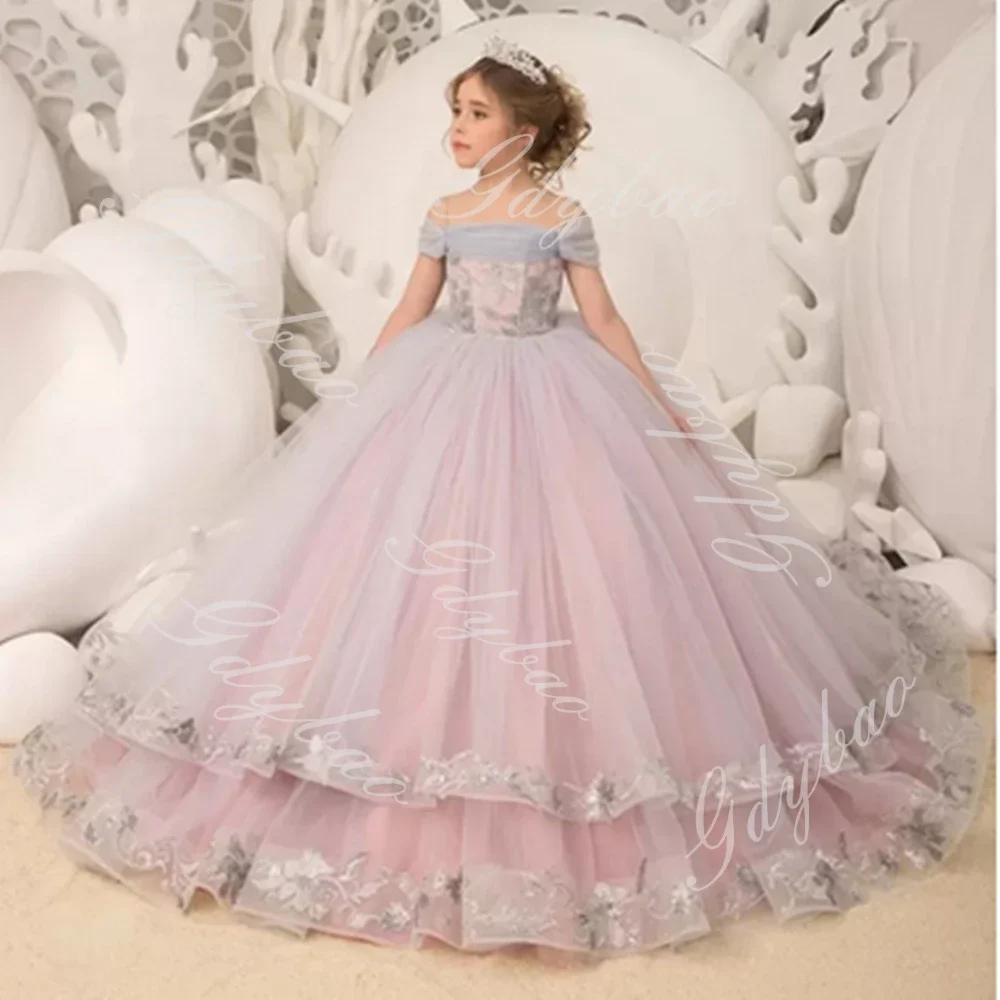 Vestidos elegantes con hombros descubiertos para niña, vestidos de flores para boda, niños pequeños, apliques de volantes, vestido de desfile de tul, vestidos de baile de cumpleaños para niños