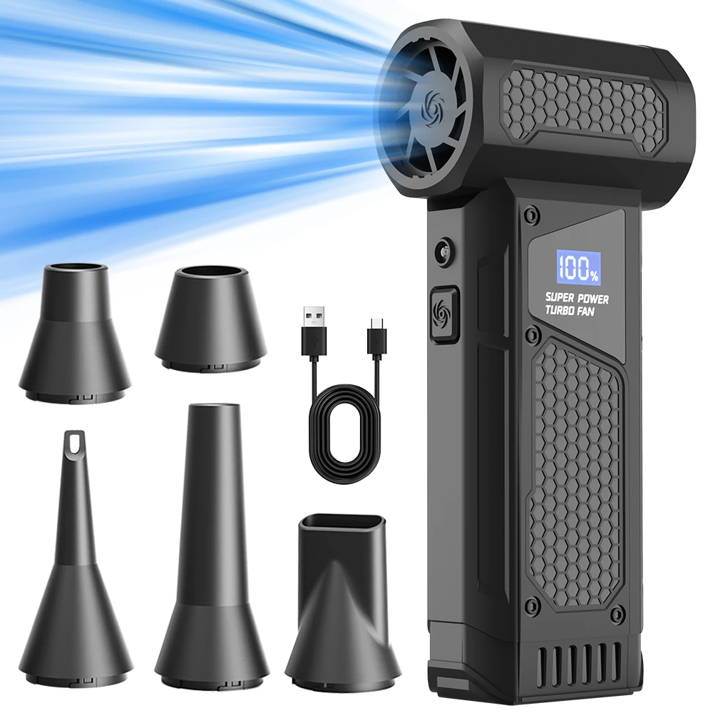 Nuevo Soplador de Aire M5 de 990000 RPM, Soplador Turbo Ajustable de 4 Velocidades con Luz LED y Pantalla, Soplador de Aire Comprimido Inalámbrico con Kit de Aspiradora