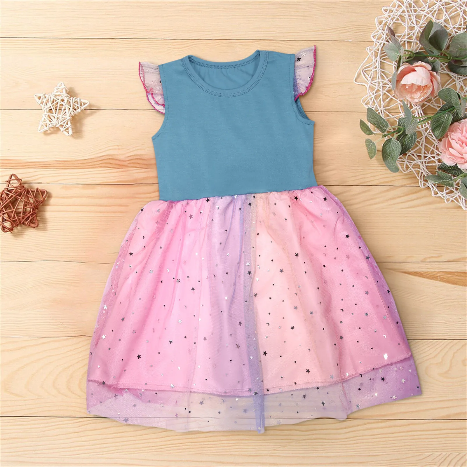 Toddler Kids Girls Dress Mesh Sequined Flying Sleeve Rainbow Tulle Dress Birthday Party Princess Dresses Girls 2 3 4 5 6 7 Years