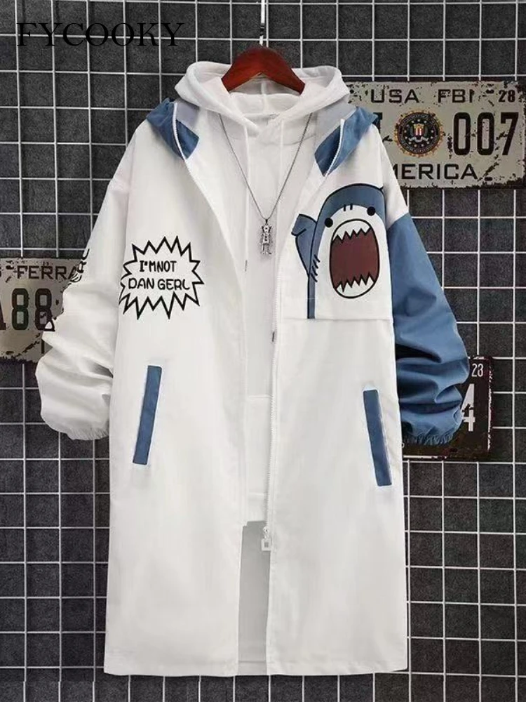 

New 2025 Spring Autumn Shark Print Hoodie Men's Cute Patchwork Hoodies Fashion Anime Harajuku Long Jacket Men and Women
