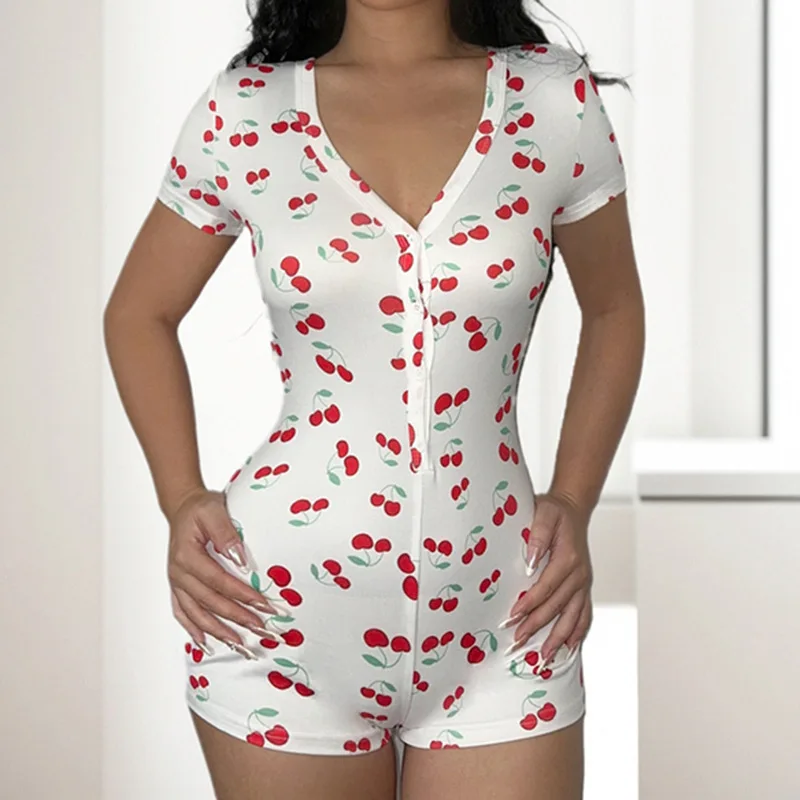 Summer New Cute Cherry Print Button Spliced Daily Basic Slim Fit Bodysuits