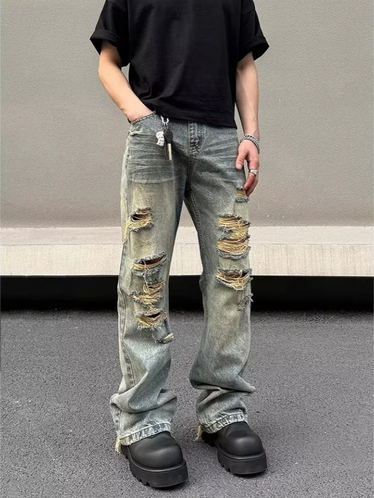 Trashy Y2K 2000S Streetwear Washed Blue Baggy Stacked Ripped Jeans Pants For Men 90S Vintage Clothes Denim Trousers Ropa Hombre
