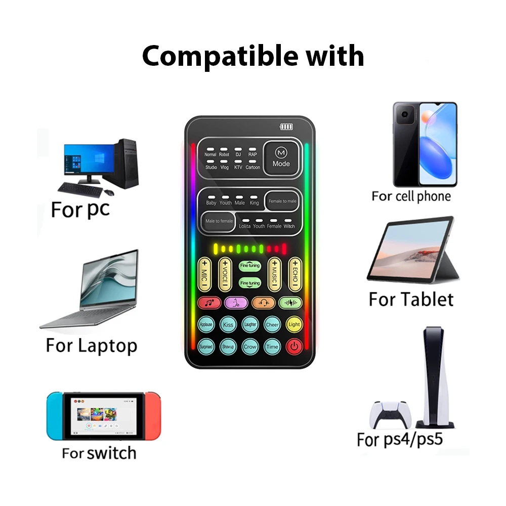 مغير صوت صغير متعدد التأثير ، بطاقات صوت حية متوافقة مع البلوتوث ، بطاقة صوت حية محمولة رفيعة للغاية ، أداة ميكروفون ، i9