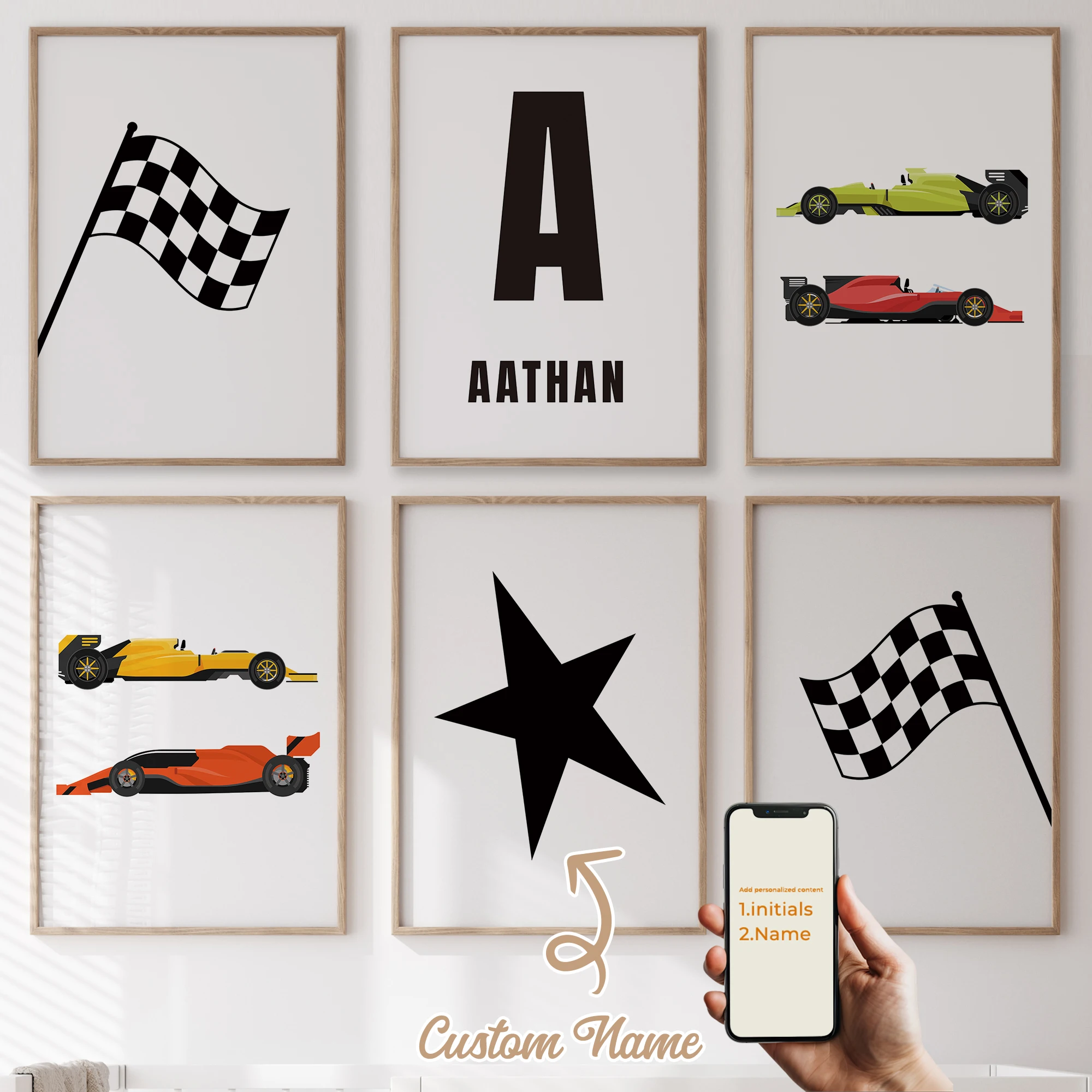 

3Pcs/6pcs Personalized Custom Name Cute Cartoon Racing Car Wall Art Print Picture For Living Room Kids Boy Room Home Decor Gift