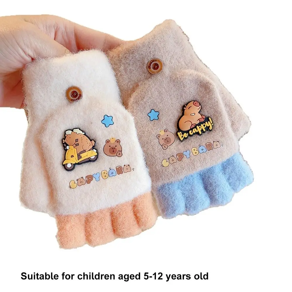 Nouveau 5-12 ans Capybara hiver gants à rabat épaissi élastique demi doigt gants chaud résistant au froid enfants tricoté mitaine en plein air