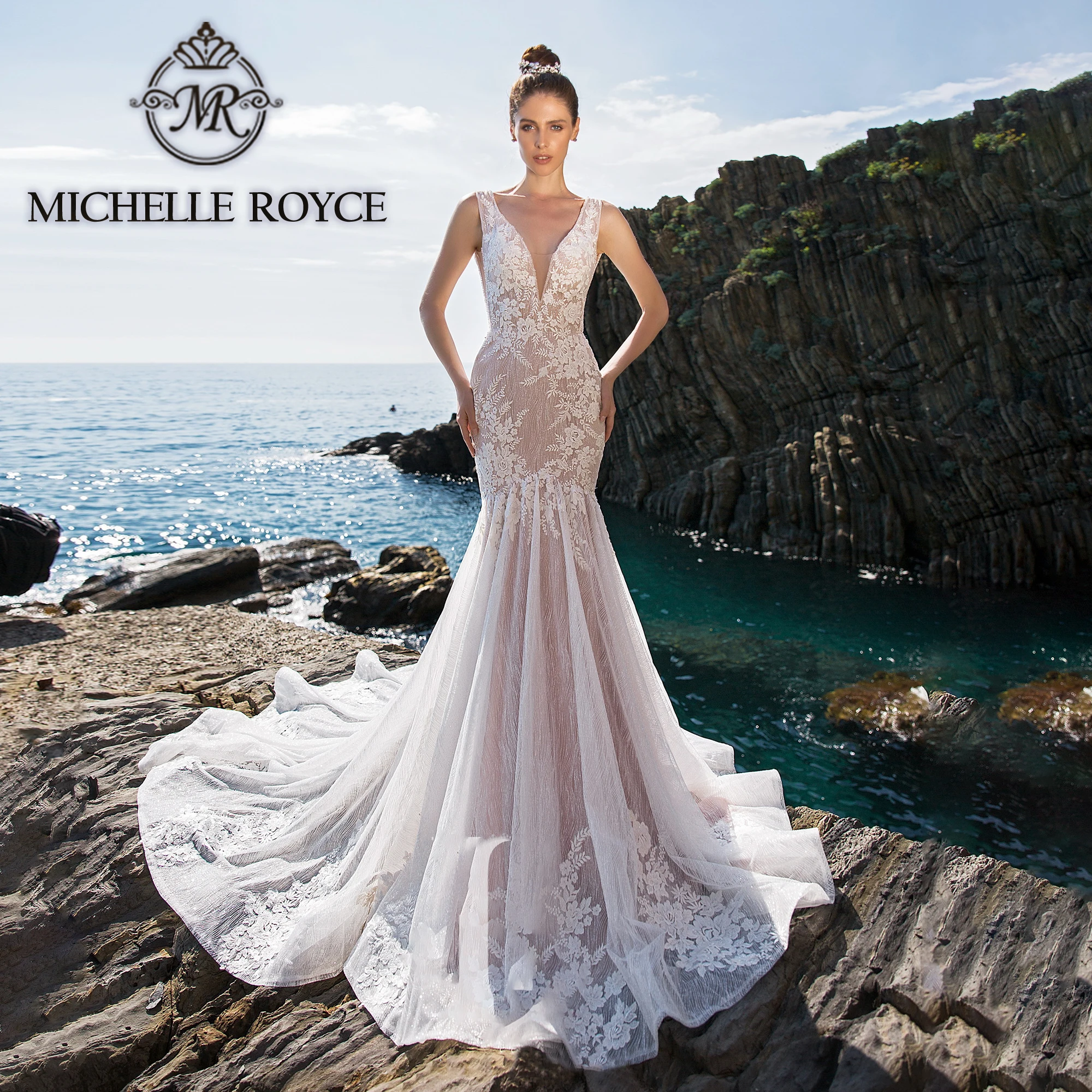 Michelle Royce ชุดเดรสเมอร์เมดเซ็กซี่ลึก V คอ Appliques ชุดแต่งงานเปลือยสําหรับเจ้าสาว 2022 Vestidos De Novia