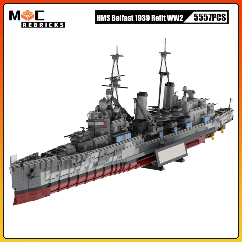 

WW2 Normandy Landings Royal Navy HMS Belfast Refit Warship Model Collector Kit MOC Building Blocks Boat Technology Bricks Toys