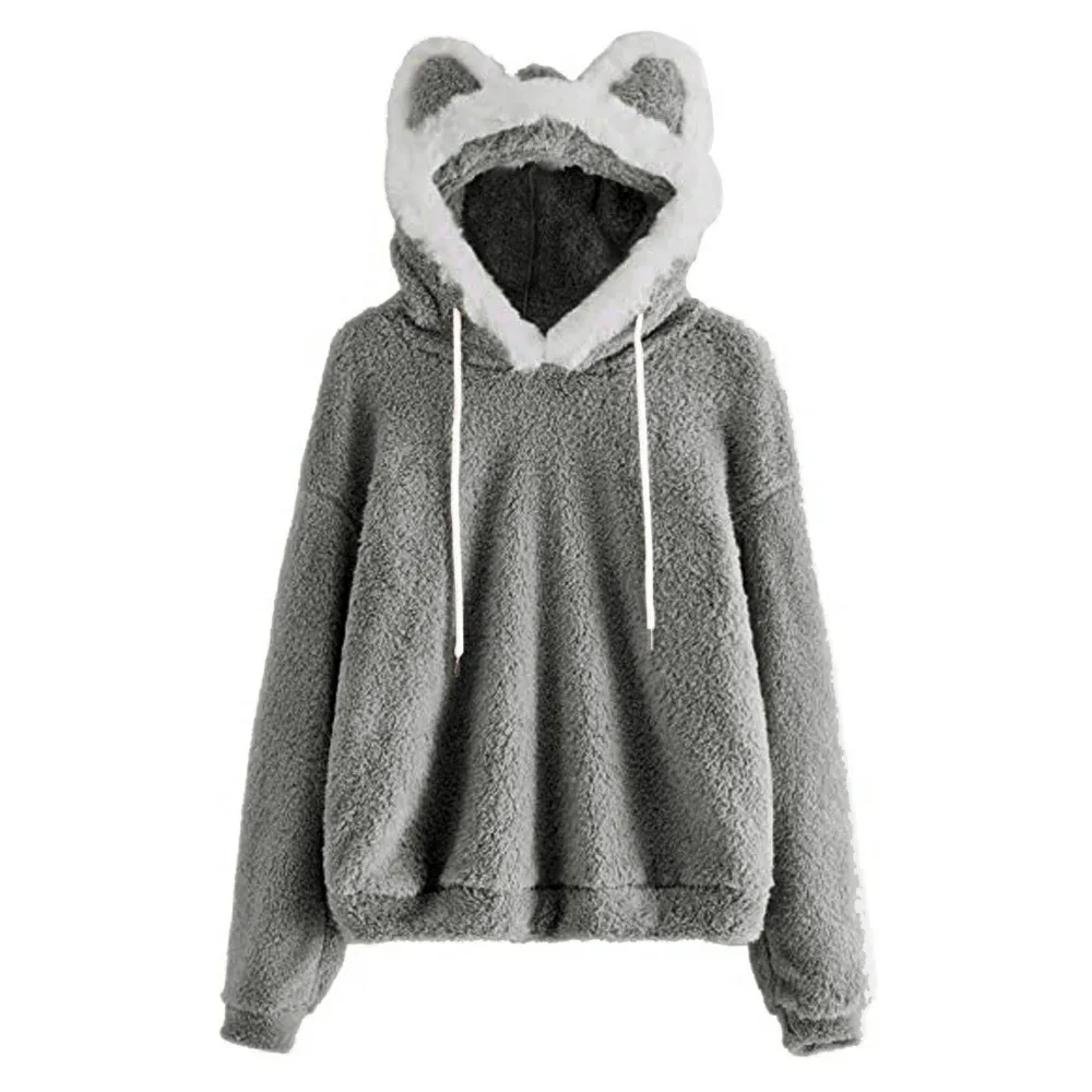 Cute Long Sleeve Cat Bear Ear Hoodies Outwear Fuzzy Hoodies 3D Animal Ear Solid Color Fleece Sweatshirt Autumn Winter