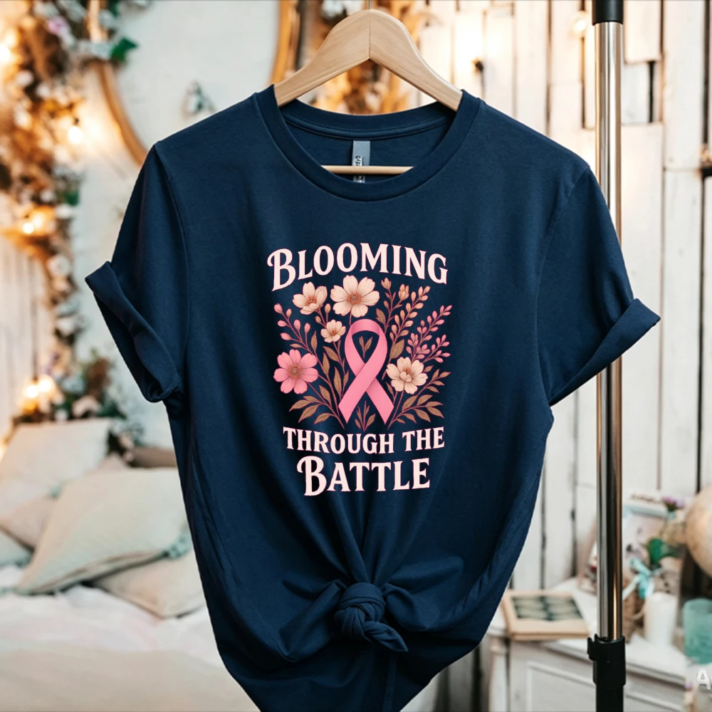 Blooming Through The Battle Floral Pink Ribbon T-Shirt Breast Cancer Awareness Graphic Tee Women Casual Warrior Fight Cancer Top