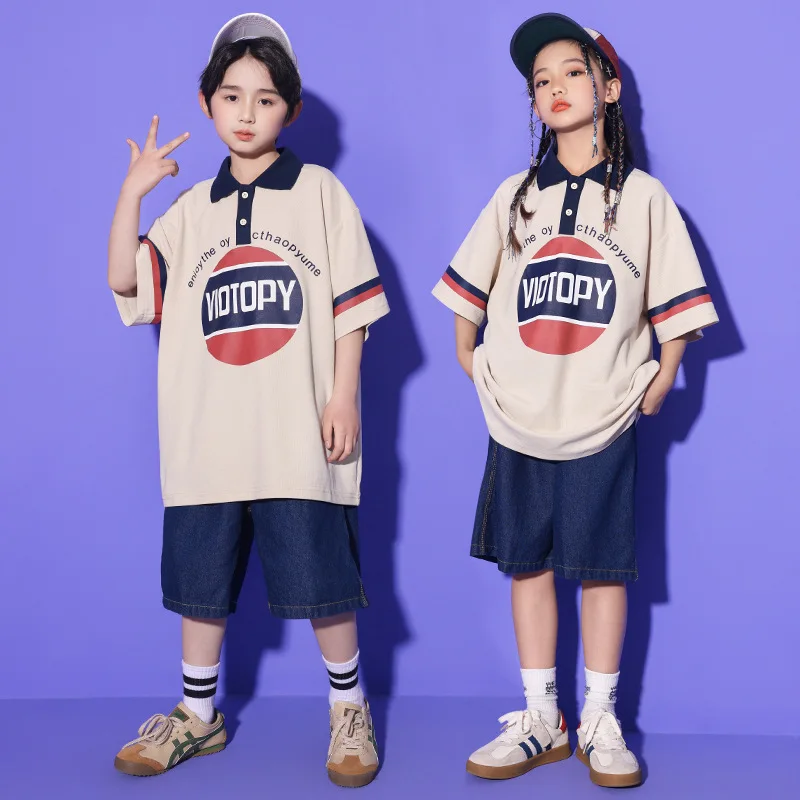 Kid Hip Hop Clothing Letter Print Polo Shirt Tee Top Casual Denim Blue Wide Jeans Shorts for Boy Girl Jazz Dance Costume Clothes