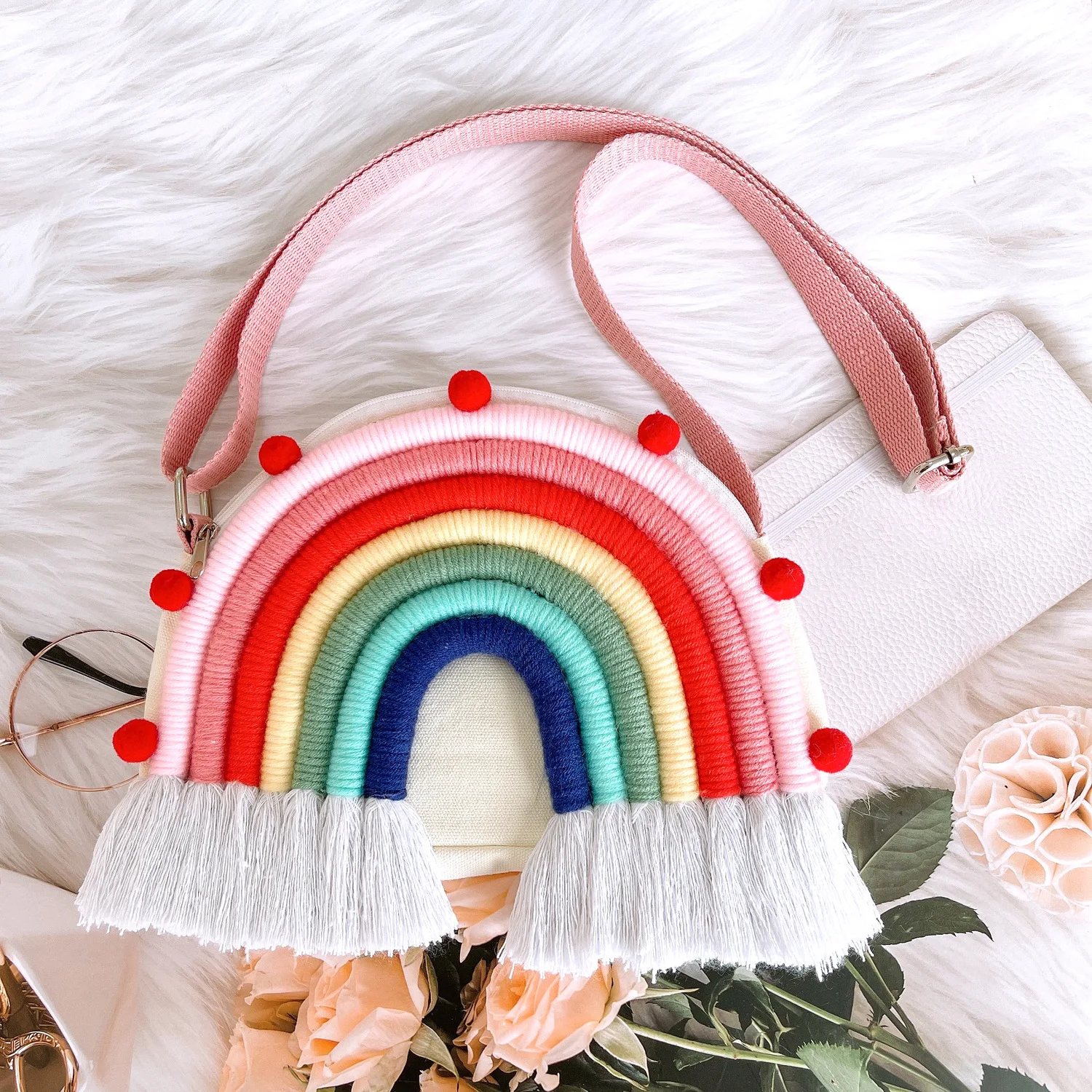 

Rainbow Cotton Rope Woven Bag Handbag Girls Handmade Desktop Storage Basket Cosmetic Organizert Box Picnic Basket Kids Bags Gift
