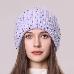 Hat Women Winter Angora Knit Beanie Sequins Bling Warm Accessory For Cold Weather Autumn Sports Skiing Outdoor Holiday