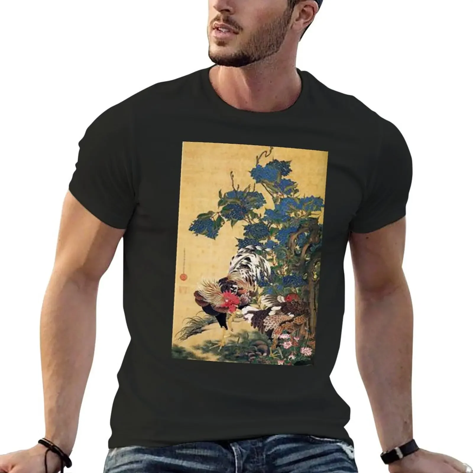 

Favourite Artist - Rooster and Hen With Hydrangeas - Jakuchu Ito T-Shirt graphics designer shirts men clothings