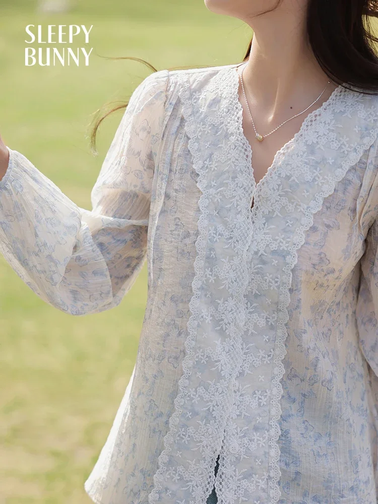 Lace Trim Floral Blouse Women Summer Puff Sleeve Loose Fit Vintage Button Down Shirt with Ruffle Detail Elegant Lightweight Top