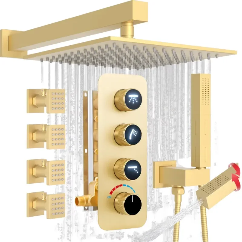 Dual Brass Rain Shower Faucet Set 10+6 Functions Wall Mount Adjustable Volume Handheld Brushed Gold Thermostatic Jet Hotel
