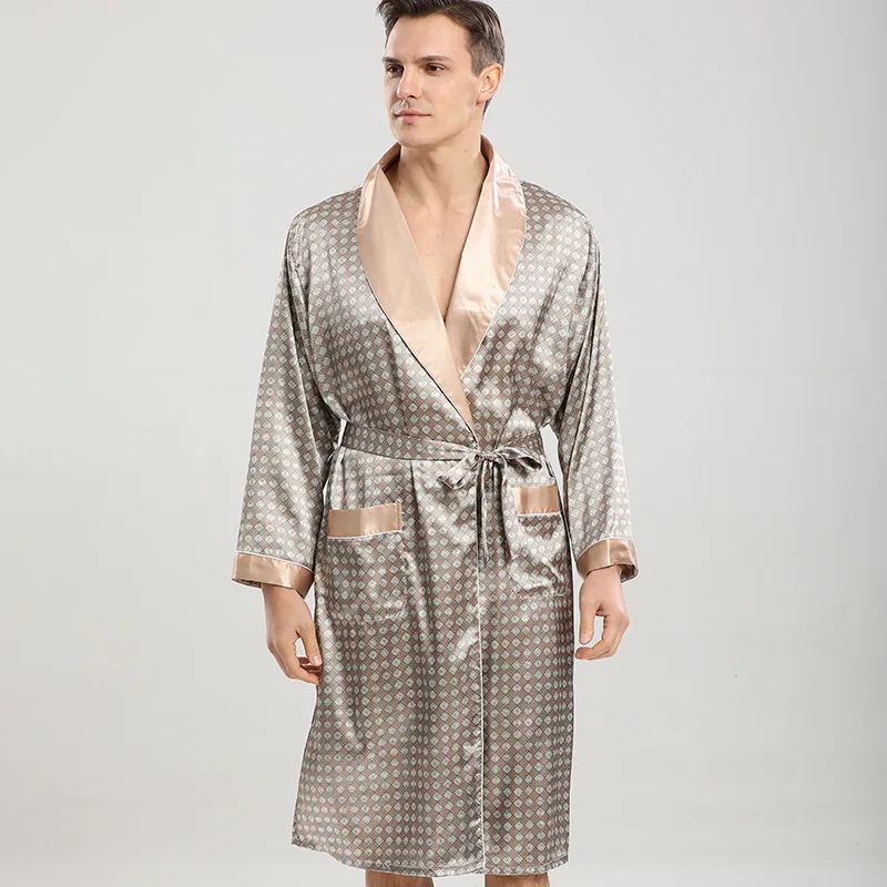 2024 Men\'s Summer Silk Shower Robe Geometric Dress Sleepwear Men Home Clothes Long Sleeve Kimono Bathrobe Nightwear Oversize 5XL