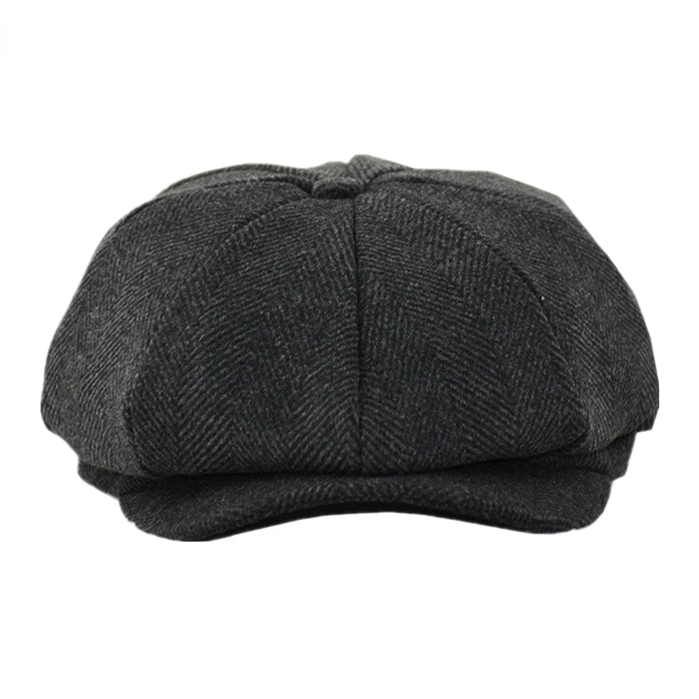 NEWSBOY Wool Mens Hats Vintage Herringbone Flat Cap Woolen Autumn Winter Male Beret Hat Black Coffee