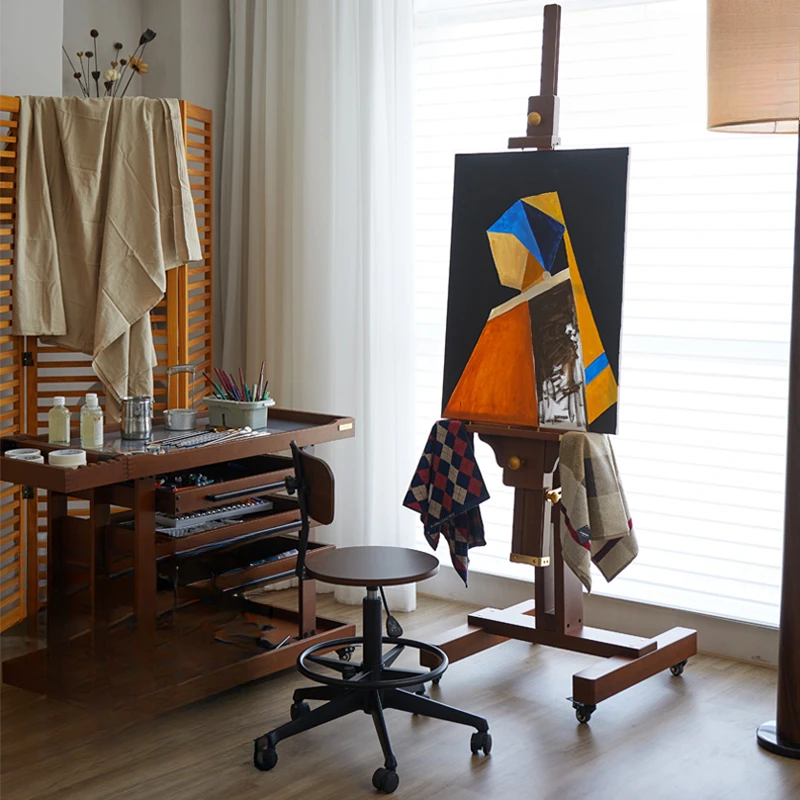 Italian minimalist light luxury walnut color professional artist oil painting stand solid wood bracket floor-to-ceiling home