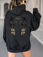 Sudadera con capucha informal para mujer con alas de ángel, detalle gráfico con cordón, bolsillo canguro, perfecta para Otoño Invierno, diseño juguetón de moda