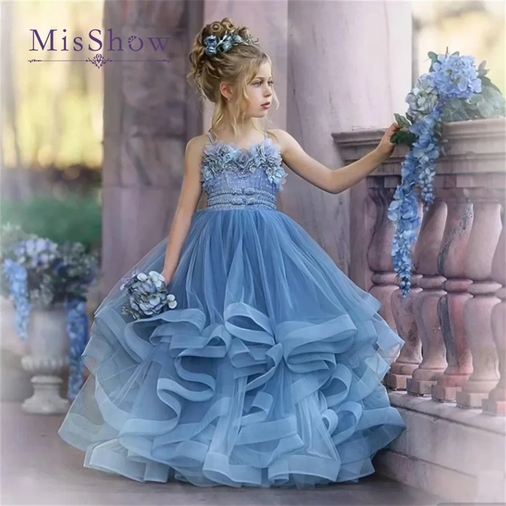 MisShow Customized Blue Princess Dress for Girls with Spaghetti Straps 3D Flower Detail Kids Birthday Pageant Ball Gown