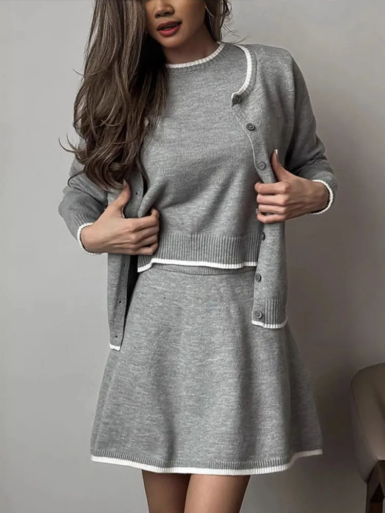 Elegant Knit Skirt Sets Women 3 Pieces Set Short Sleeve T-shirt Single Breasted Cardigan Mini A-line Skirts 2025 New Lady Outfit