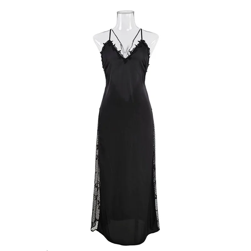 Women Backless Kimono Dressing Gown Sexy Perspective Nightgown Satin Sleepdress Lace Patchwork Nightwear Ultra Long Loungewear