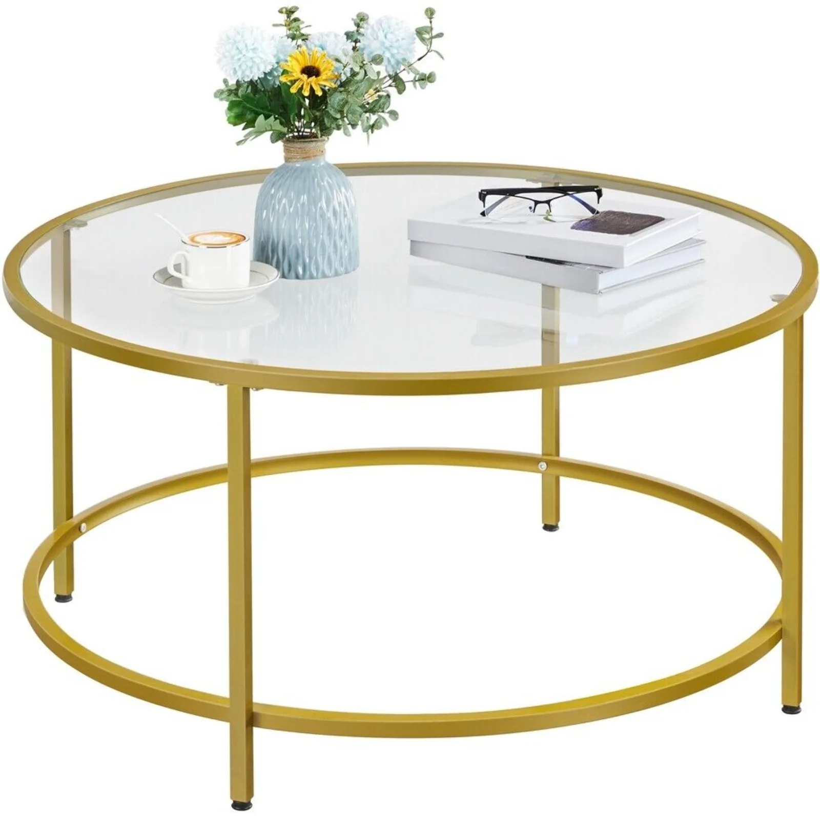 Modern Coffee Table Round End Table w/ Glass Top for Living Room,Apartment,Gold United States